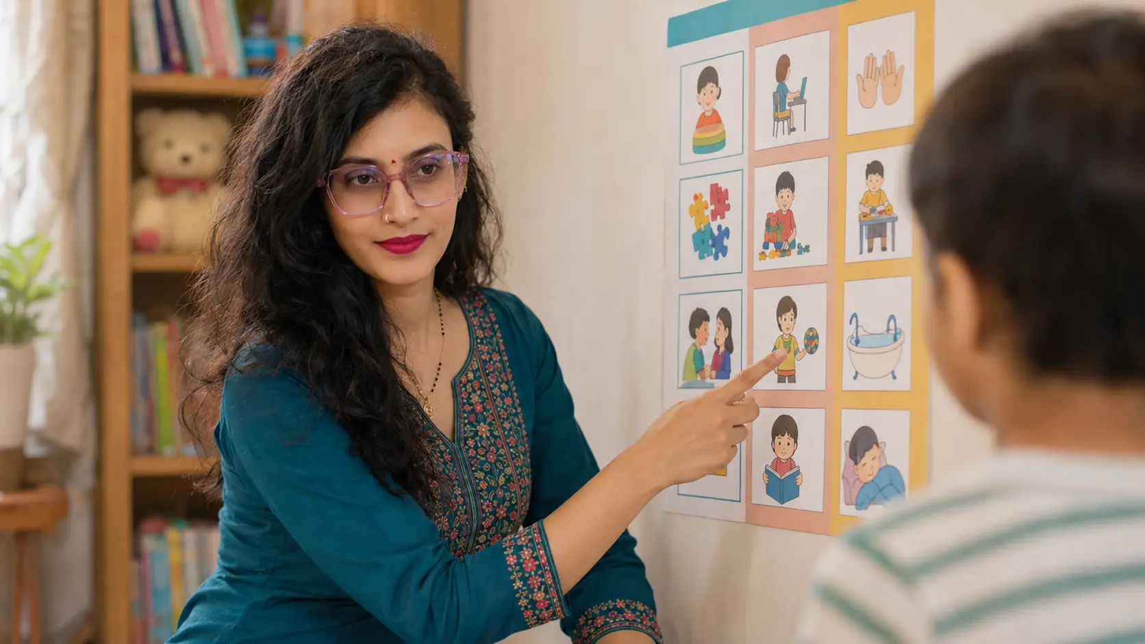Special educator using a visual schedule to support an autistic child in Varanasi